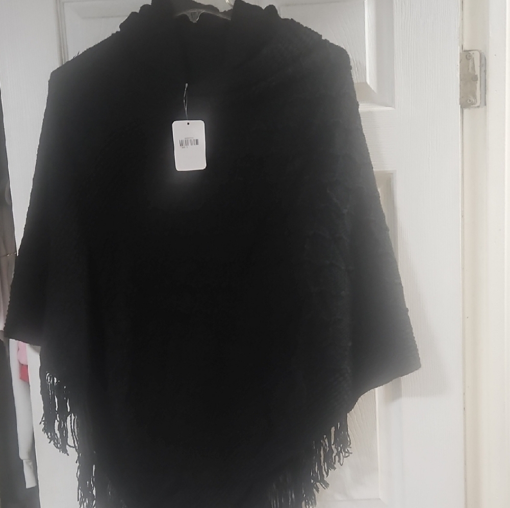 Elegant Black Poncho with Fringe